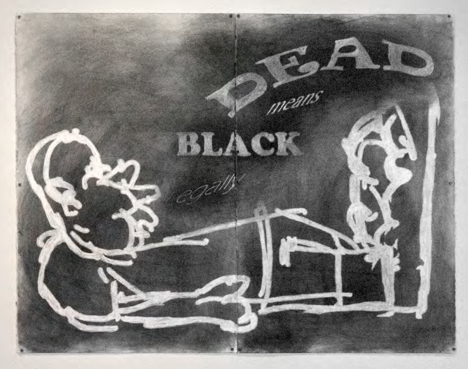 Image of Elliott Jamal Robbins’ A La Petite Mort, grey graphite drawing on beige paper. The words dead means black legally can be read above an indiscernible image of a figure.